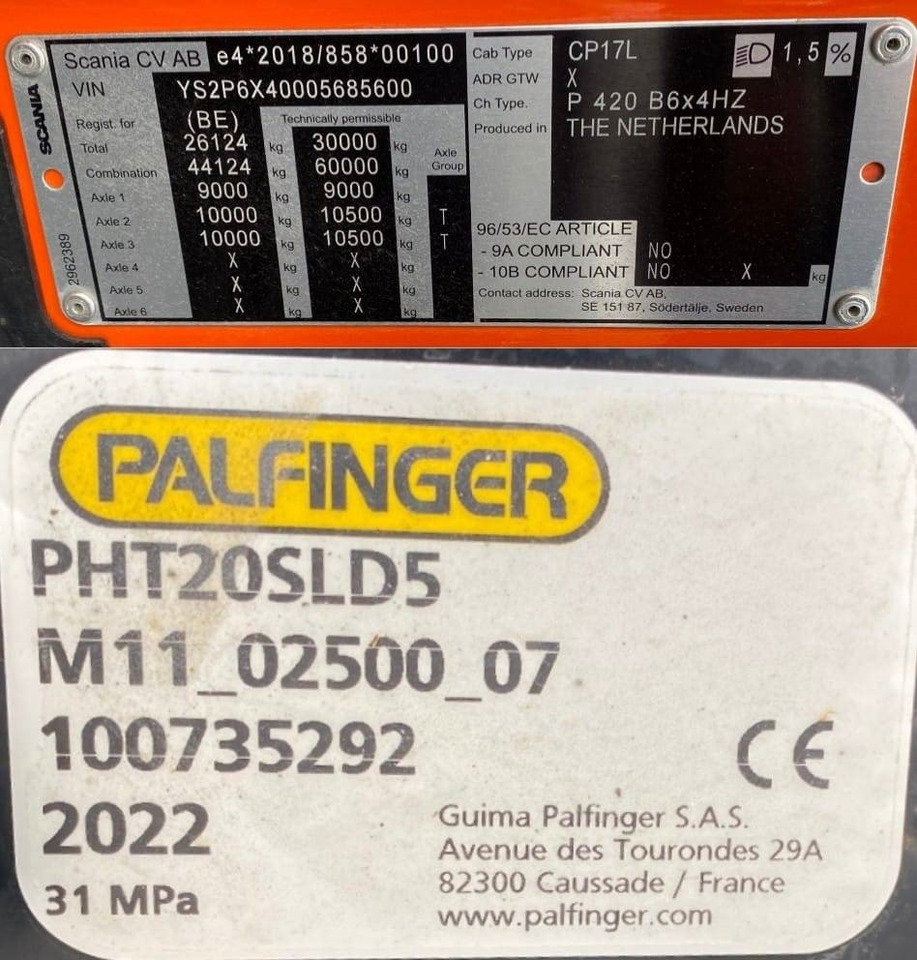 Camión multibasculante Scania P420 XT-3Pedales / PALFINGER PTH20SLD5 endommagé