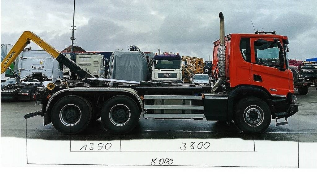 Camión multibasculante Scania P420 XT-3Pedales / PALFINGER PTH20SLD5 endommagé