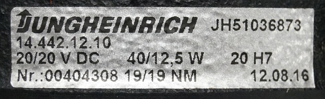 Sistema eléctrico para Equipo de manutención Jungheinrich 51036873 Brake electric 20Volt+20Volt 19+19nm sn. 00404308: foto 2