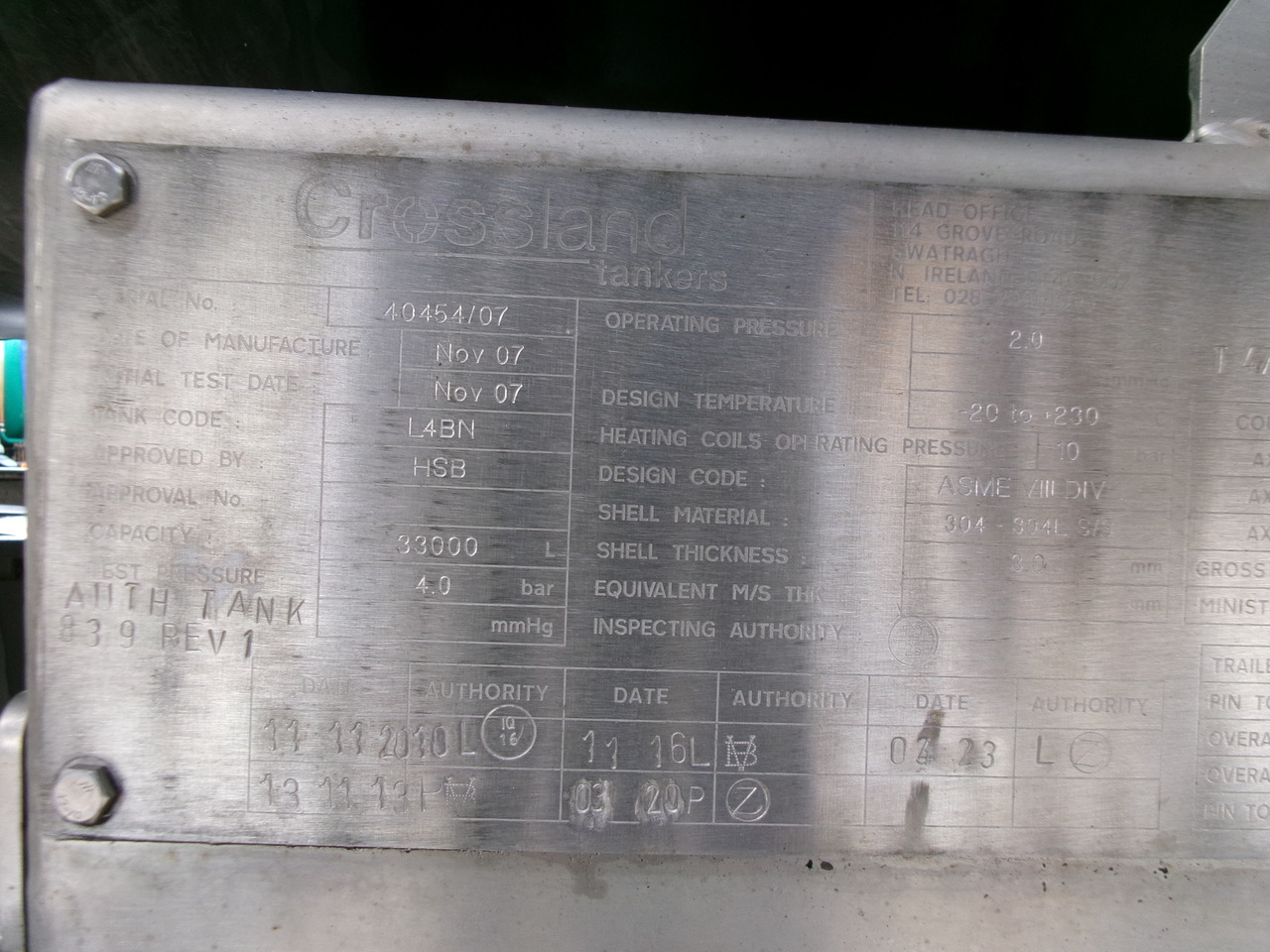 Semirremolque cisterna para transporte de betún Crossland Bitumen tank inox 33 m3 / 1 comp + compressor + ADR L4BN: foto 17