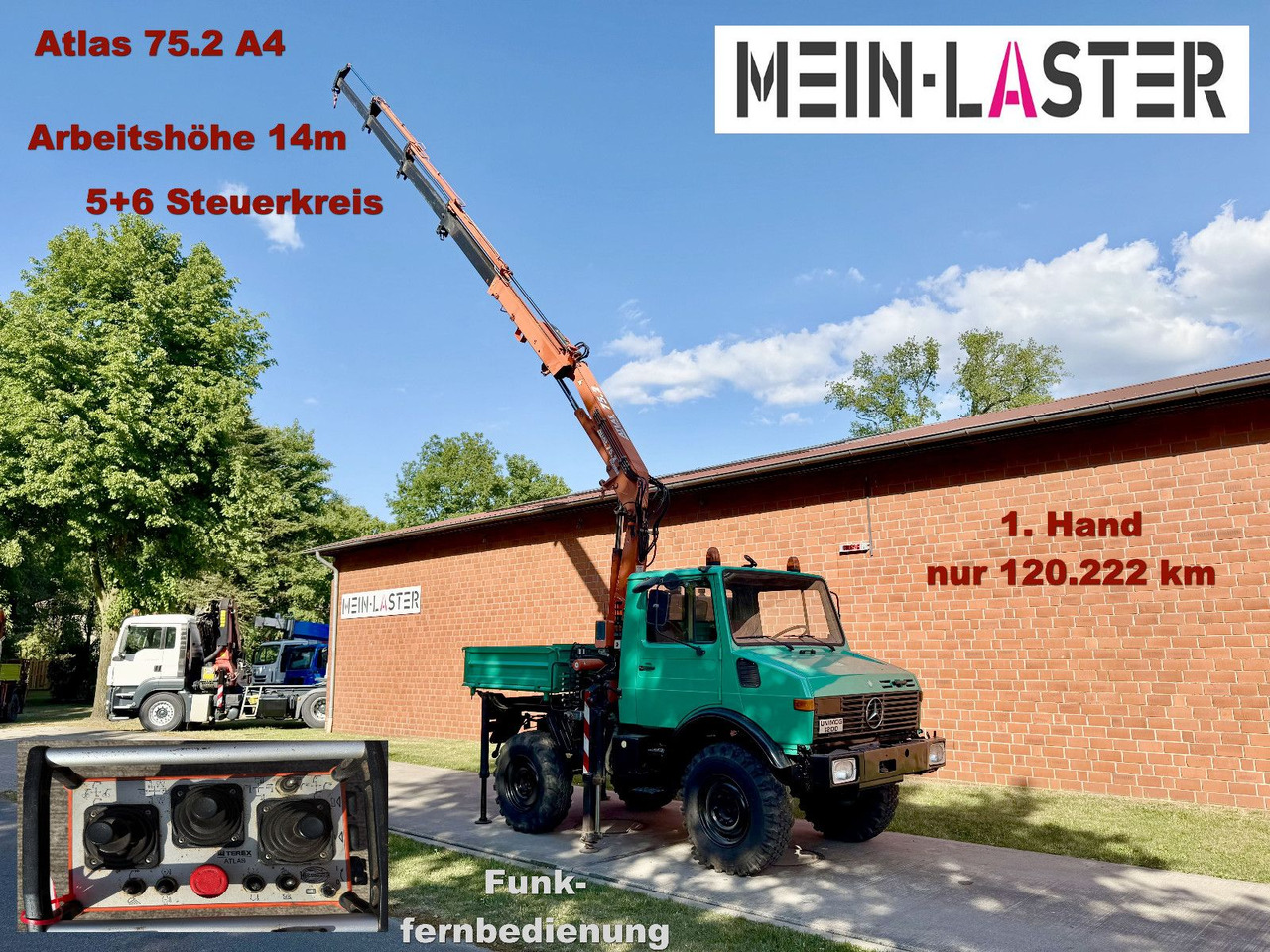 Unimog U 1200 Atlas 75.2 Kran 14 m Funk FB *1. Hand - Camión grúa: foto 1 Unimog U 1200 Atlas 75.2 Kran 14 m Funk FB *1. Hand - Camión grúa: foto 1
