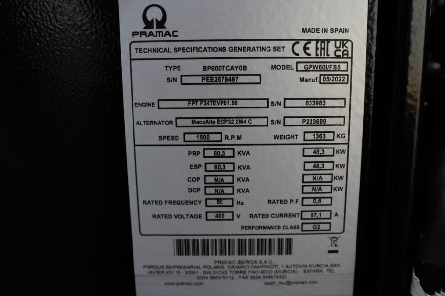 Pramac GPW60I/FS5 Diesel, 60 kVA, Also Available For Rent - Generador industriale: foto 5 Pramac GPW60I/FS5 Diesel, 60 kVA, Also Available For Rent - Generador industriale: foto 5