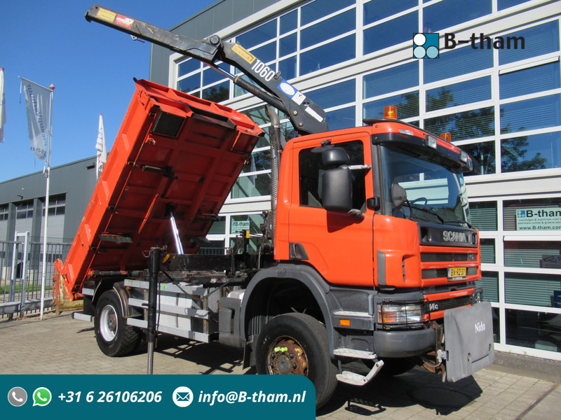 Scania P 114 CB 4x4 HZ 340 3-W. Tipper - 3-S. Kipper + HMF 1063 Crane Kran - Camión volquete, Camión grúa: foto 1 Scania P 114 CB 4x4 HZ 340 3-W. Tipper - 3-S. Kipper + HMF 1063 Crane Kran - Camión volquete, Camión grúa: foto 1