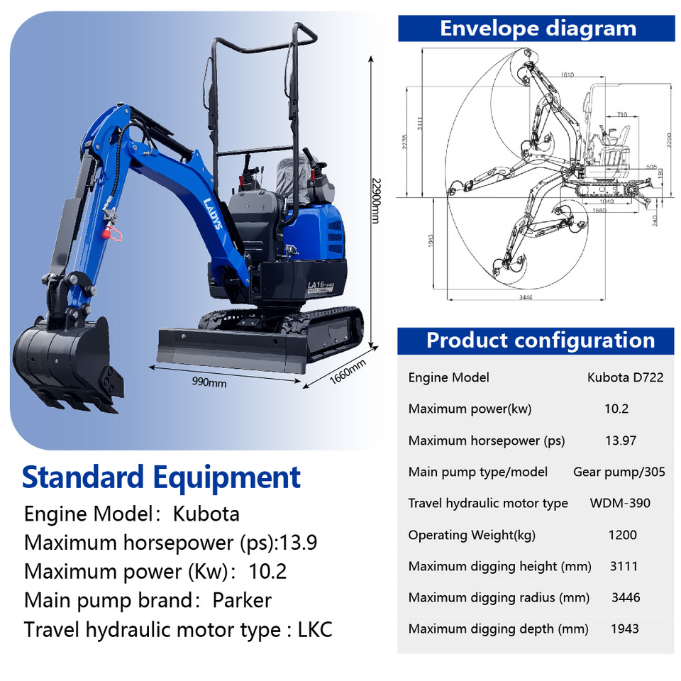 LADYS LA16Pro Mini Excavator Kubota Euro 5/Epa Engine Mini Excavator For Sale - Miniexcavadora: foto 3 LADYS LA16Pro Mini Excavator Kubota Euro 5/Epa Engine Mini Excavator For Sale - Miniexcavadora: foto 3