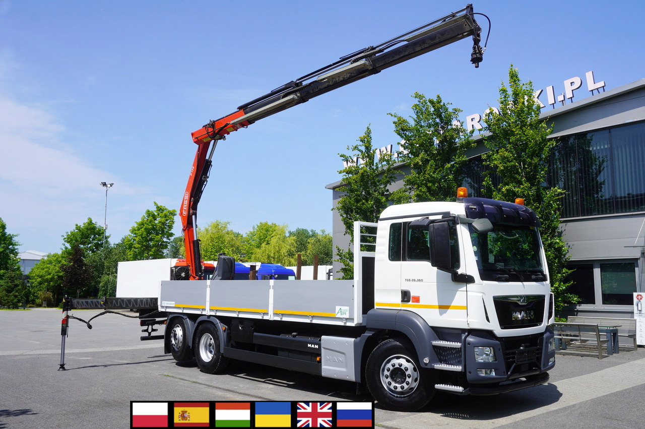 MAN TGS 26.360 Flatbed / Fassi F175 7.7 T / steered 3rd axle - Camión caja abierta, Camión grúa: foto 1 MAN TGS 26.360 Flatbed / Fassi F175 7.7 T / steered 3rd axle - Camión caja abierta, Camión grúa: foto 1