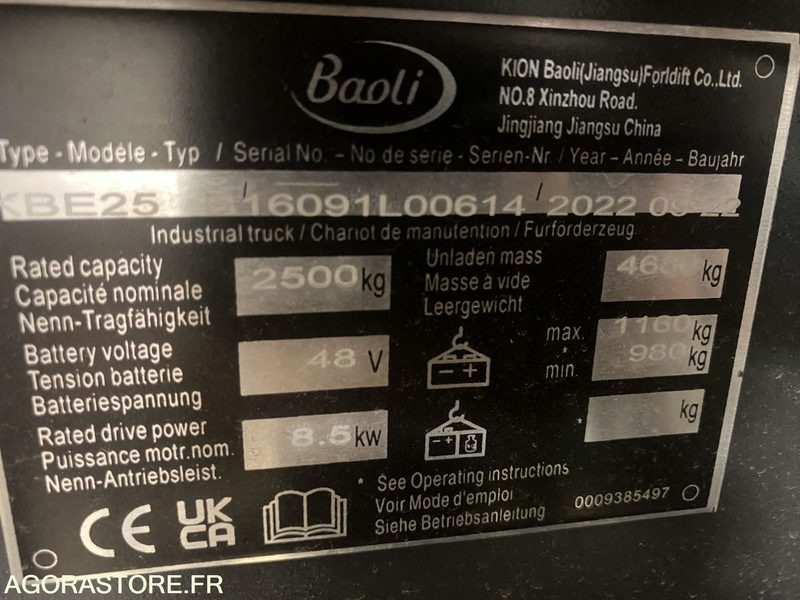 Chariot élévateur BAOLI KBE25N 2T5 ELECTRIQUE CABINE - Carretilla elevadora eléctrica: foto 4 Chariot élévateur BAOLI KBE25N 2T5 ELECTRIQUE CABINE - Carretilla elevadora eléctrica: foto 4