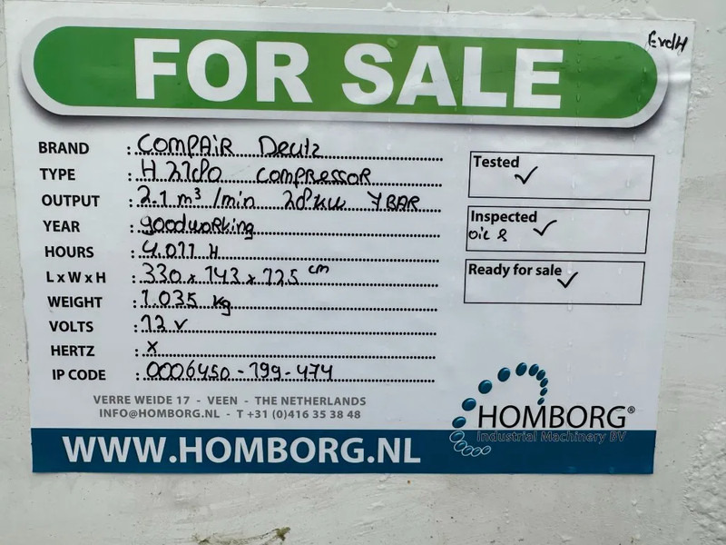 Compresor de aire Compair H2180 Deutz 2.1 m3 / min 28 kW 7 Bar Mobiele Diesel Compressor met kenteken: foto 13