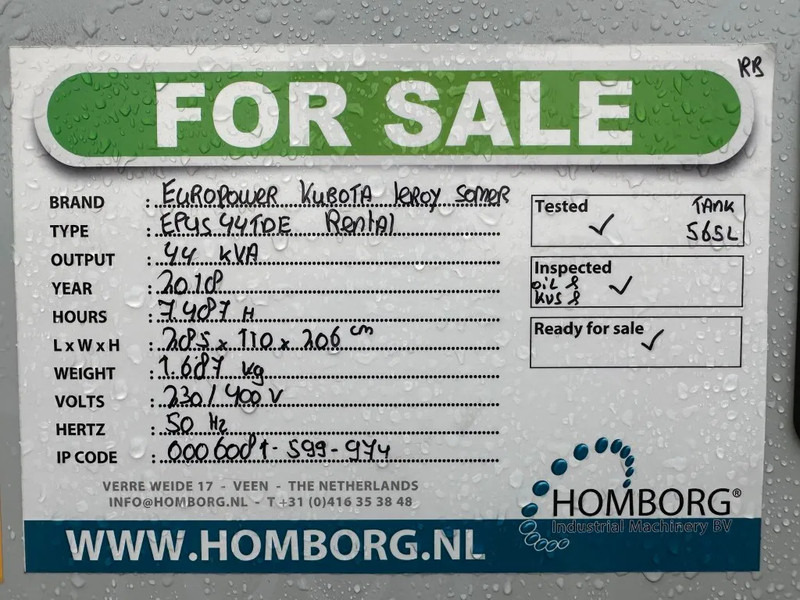 Generador industriale Europower EPUS44TDE Kubota Leroy Somer 44 kVA Supersilent Rentalg eneratorset 2018 !: foto 19 Generador industriale Europower EPUS44TDE Kubota Leroy Somer 44 kVA Supersilent Rentalg eneratorset 2018 !: foto 19