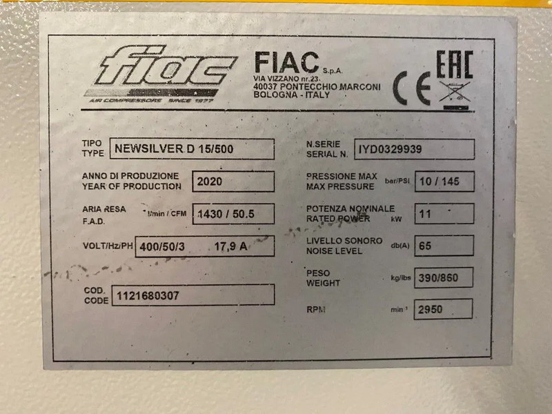 Fiac NewSilver D 15 / 500 NewSilver D 15 / 500 - 1430 L / min 11 kW 10 bar Elektrische Schroefcompressor + Droger - Compresor de aire: foto 4 Fiac NewSilver D 15 / 500 NewSilver D 15 / 500 - 1430 L / min 11 kW 10 bar Elektrische Schroefcompressor + Droger - Compresor de aire: foto 4