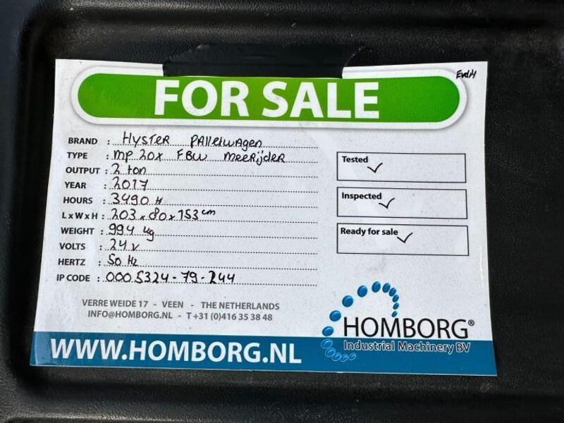 Transpaleta Hyster MP20X FBW 2 ton Palletwagen Elektra Pallettruck Meerijder: foto 17 Transpaleta Hyster MP20X FBW 2 ton Palletwagen Elektra Pallettruck Meerijder: foto 17