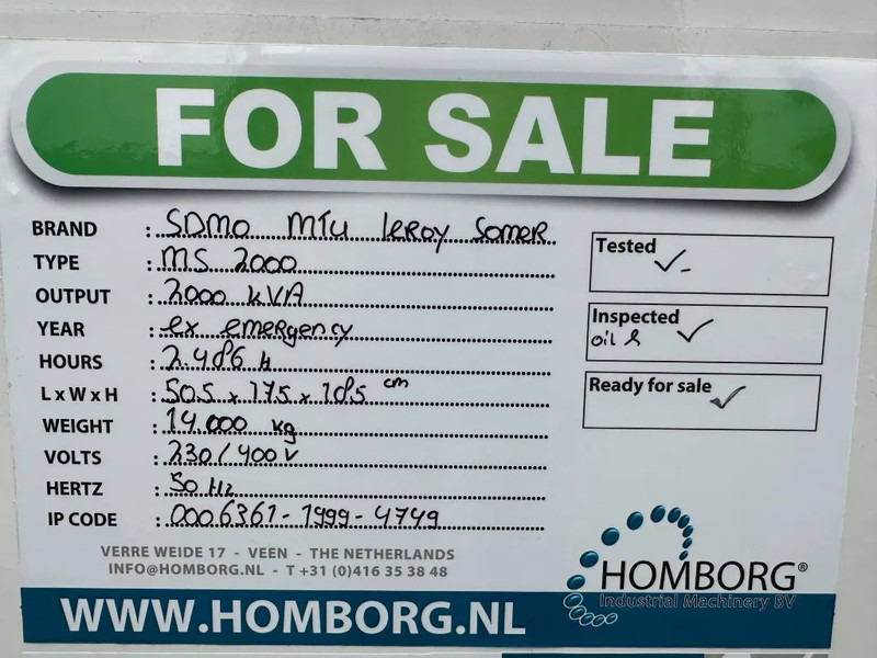 Generador industriale SDMO MS2000 MTU Leroy Somer 2000 kVA generatorset: foto 20
